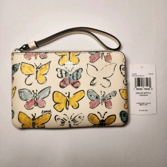NWT Coach CAQ55 Corner Zip Wristlet Chalk Yellow Butterfly Printed Canvas V2 - Picture 1 of 3